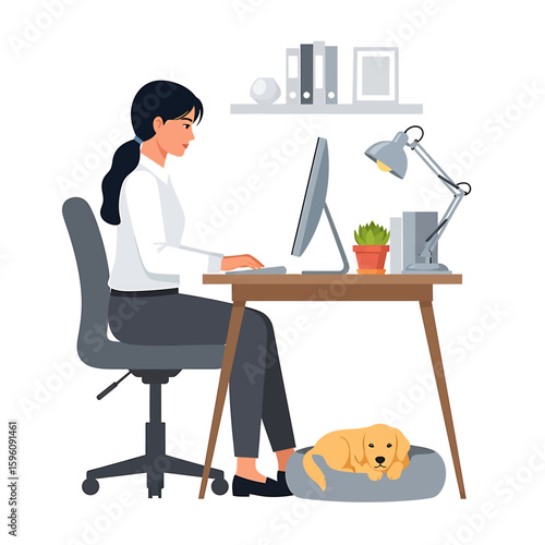 A woman with dark hair tied back is working at a computer desk with a golden retriever dog resting in a bed underneath.