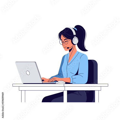 A woman with glasses and a headset works at a desk, typing on a laptop, likely providing customer service or technical support.