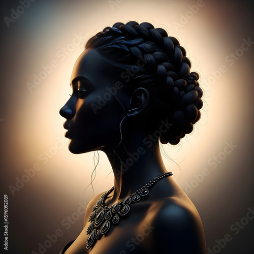 Black woman styled with braids and earrings in silhouette against light  