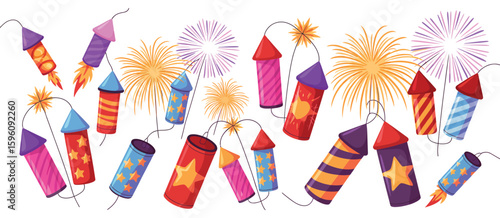 Colorful assortment of fireworks and firecrackers celebrating a festive occasion
