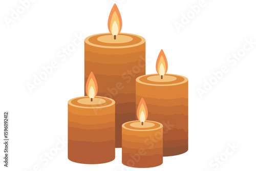 Four lit pillar candles of varying heights casting a warm glow