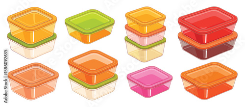 Colorful stackable food storage containers with lids in isometric view
