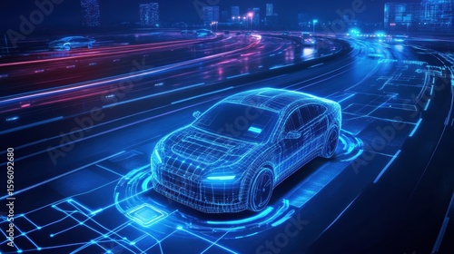 Autonomous Smart Car Navigating Futuristic Highway with Digital Sensors.