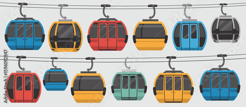 Colorful ski lift gondolas hanging on cables in a row