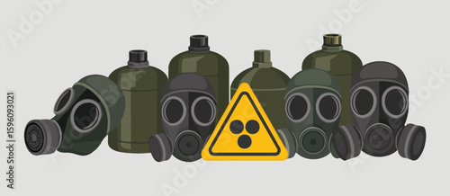 Group of gas masks and chemical hazard warning bottles with radiation symbol
