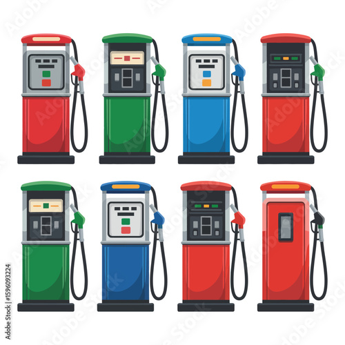 Retro vintage gas station fuel pumps in multiple colors