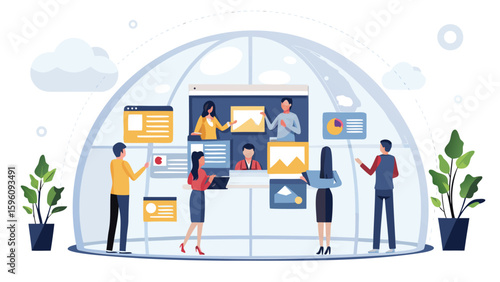 Team collaboration inside a dome with digital screens and data visualization displays all around them