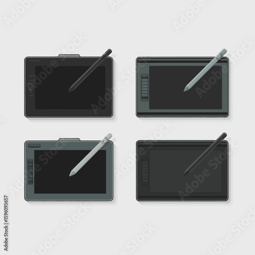 Four digital drawing tablets with stylus pens on a light gray background