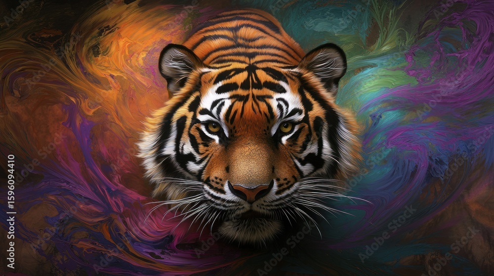 Naklejka premium Vibrant tiger portrait with colorful smoke design for powerful and artistic impact