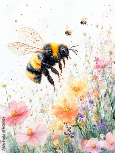 Watercolor bee flying over spring wildflowers
