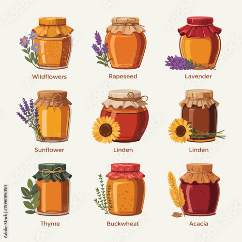 Collection of nine jars of honey with floral and herbal decorations
