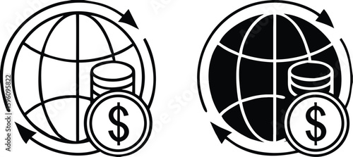 Economy Icons. Black and White Vector Illustrations. Globe and Dollar Coins. Society Sector Concept
