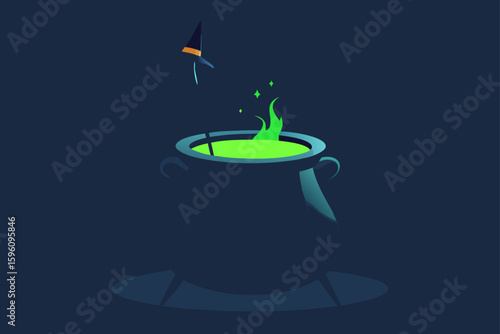 Witch's lair with glowing magical cauldron vector illustration