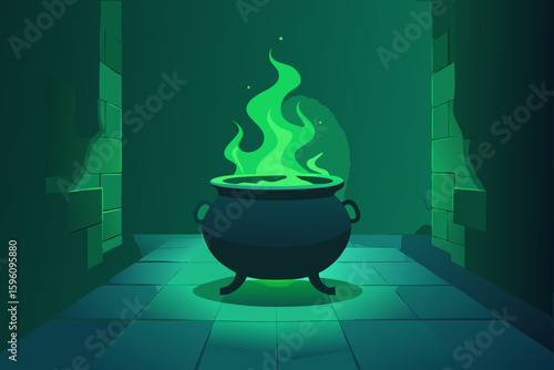 Haunted attic with green flaming cauldron vector illustration