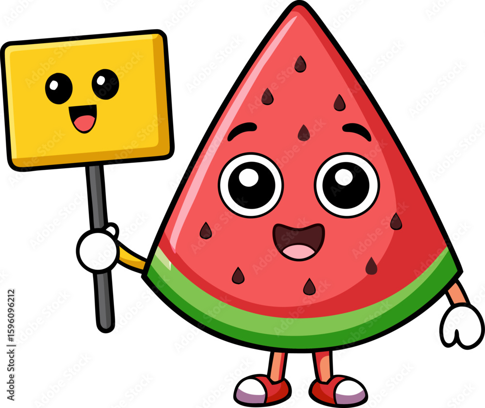 Obraz premium Cute cartoon watermelon character holding a sign icon