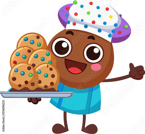 A cartoon oven mitt holding a tray of chocolate chip cookies fresh out of the oven with celebratory confetti.