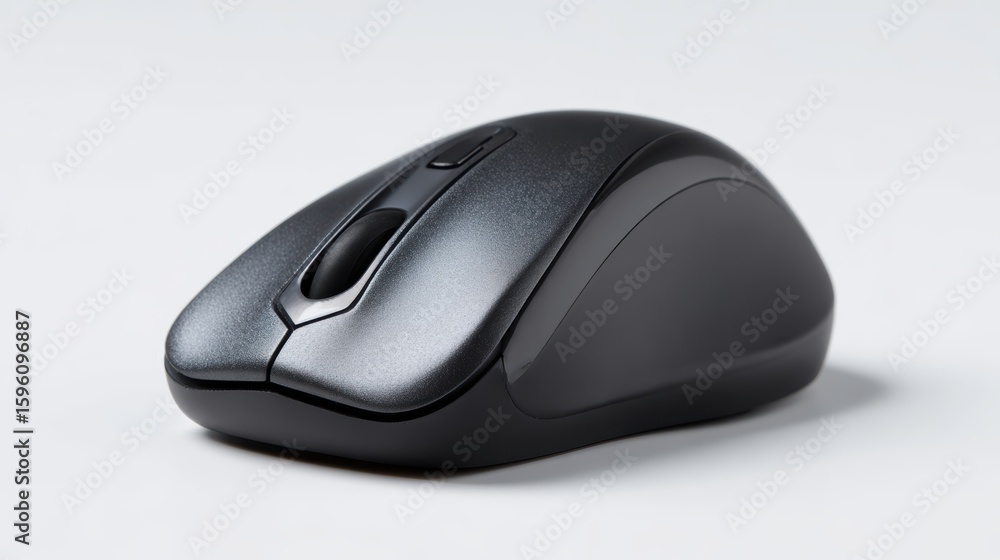 A generic, unbranded black wireless computer mouse, standing upright, isolated on a pure white background. Office tech, focus. A generic, unbranded black wireless computer mouse, standing upright, isolated on a pure white background. Office tech, focus.