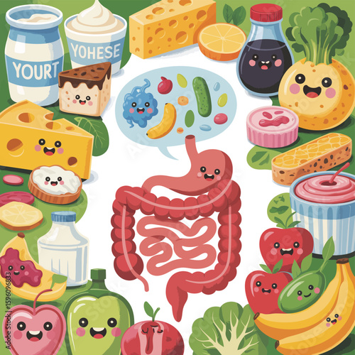 Cute cartoon stomach and intestines surrounded by healthy foods and dairy products