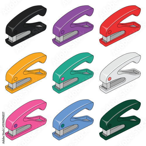 Collection of nine colorful desk staplers in a grid layout