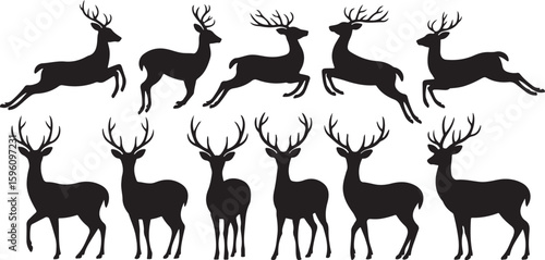 Deer silhouettes vector set illustration. deer silhouette icon bundle