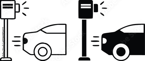 Speed ​​Camera Icons. Black and White Vector Icons. Speed ​​Camera On and Fast Moving Car. Road Safety Camera. Road Concept
