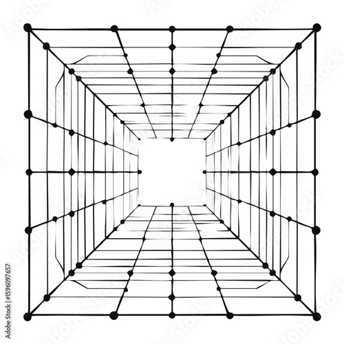 Abstract geometric illustration featuring a square tunnel or shaft constructed from lines and dots, creating a sense of depth and perspective.