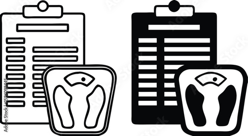 Manage Weight Icons. Black and White Vector Illustration. Healthy Food List and Bathroom Scale. Healthy Lifestyle, Proper Nutrition. Weight Loss Concept
