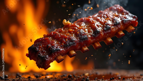 A powerful macro shot of juicy bbq ribs mid-air, frozen in a moment of smoky, saucy intensity. glazed rib slabs glistening with sticky, caramelized barbecue sauce arc in dramatic suspension