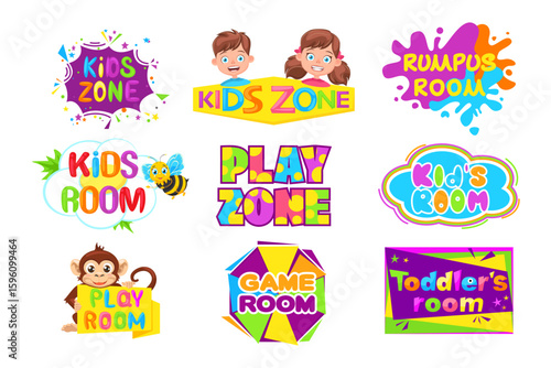 Child play area banners. Childish playing zone stickers, badge or sign for kids club, emblem for game education areas. Children labels for playroom, playground or game zone. 