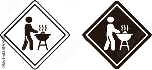 Signs BBQ Zone. Warning Road Signs. Grilling Meat Allowed. Man Cooking Food. Outdoor Picnic. Black And White Vector Icons
