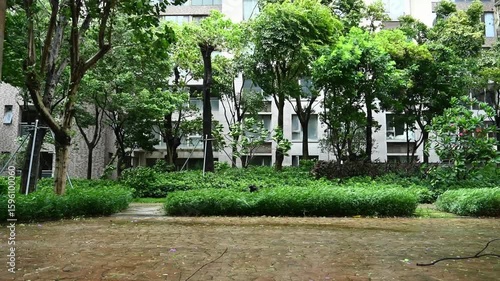 an apartment community garden during a storm with strong winds video with sound