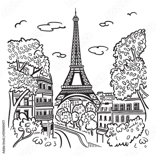 	
The Eiffel Tower in Paris with the city in the background. Landmark of Paris. Vector linear illustration. Doodle style