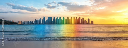 Colorful Cityscape Reflected In Ocean At Sunset