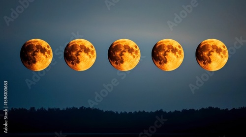 Five Golden Full Moons in a Night Sky over a Dark Landscape