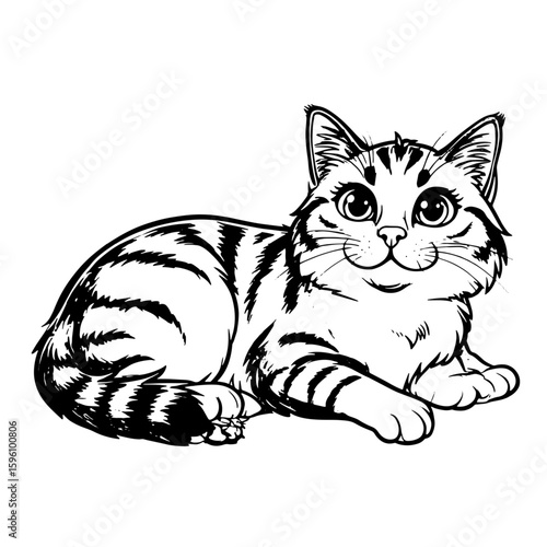 Cute fluffy kitten with tail is lying, black and white drawing. vector illustration. Funny cat, isolated on white background. Topics related to pets, veterinary clinics, shelters and children's books