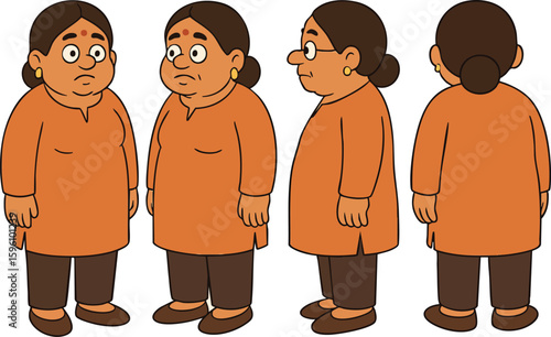 Cartoon Character Turnaround of Elderly Indian Woman – Traditional Kurta Design