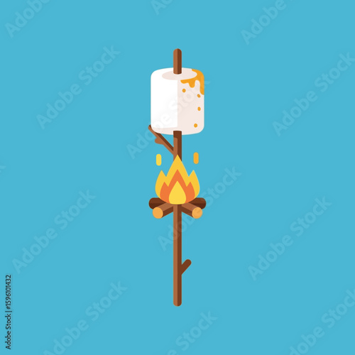 Illustration of a marshmallow being roasted over a campfire on a stick, against a blue background.
