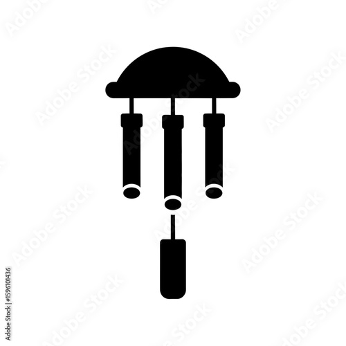 Silhouette of a wind chime featuring three tubes hanging from a dome-shaped top, with a striker suspended below.