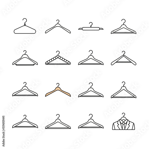 Collection of various clothing hangers, different styles and designs, arranged in a grid pattern.