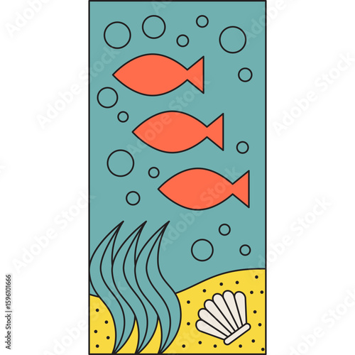 Aquatic Serenity Whimsical Fish Swimming in Teal Waters with Seashell on Sandy Bottom