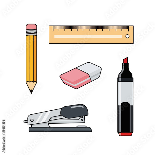 Collection of simple, outlined stationery items including a pencil, ruler, eraser, marker, and stapler.