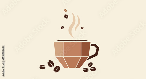 A geometric illustration of a coffee cup with rising steam and scattered beans.