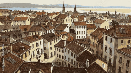 Urban Glow: Cityscape view isolated watercolor vector illustration svg