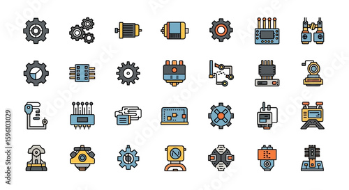 Collection of various machine and technology icons, including gears, circuits, motors, and robotic elements.