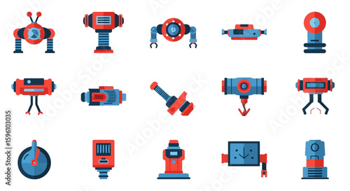 Collection of fifteen stylized vector robot icons in red and blue, each with unique designs and features.