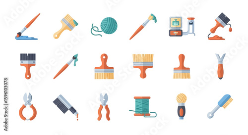 Flat design icons of various painting and craft tools.