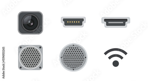 Collection of flat-design icons depicting audio speakers, connectors, and a Wi-Fi symbol.