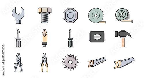 A collection of colorful hand-drawn icons depicting various tools for DIY and construction work.