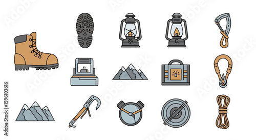 Essential gear and landscape icons for mountain climbing and hiking adventures.