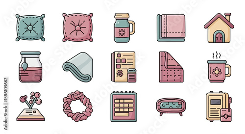 Cozy home and hygge lifestyle icons: pillows, blankets, tea, books, and house illustrations.